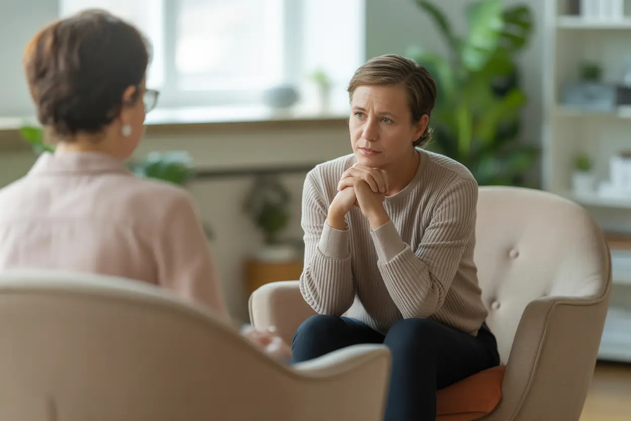 A person viewed from behind in a therapy session with a compassionate therapist who is listening intently.
