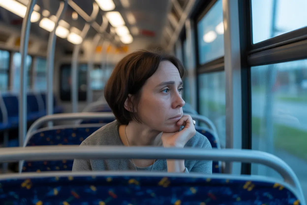 A person sits alone on a bus in Indiana, looking thoughtfully out the window during an early morning journey.