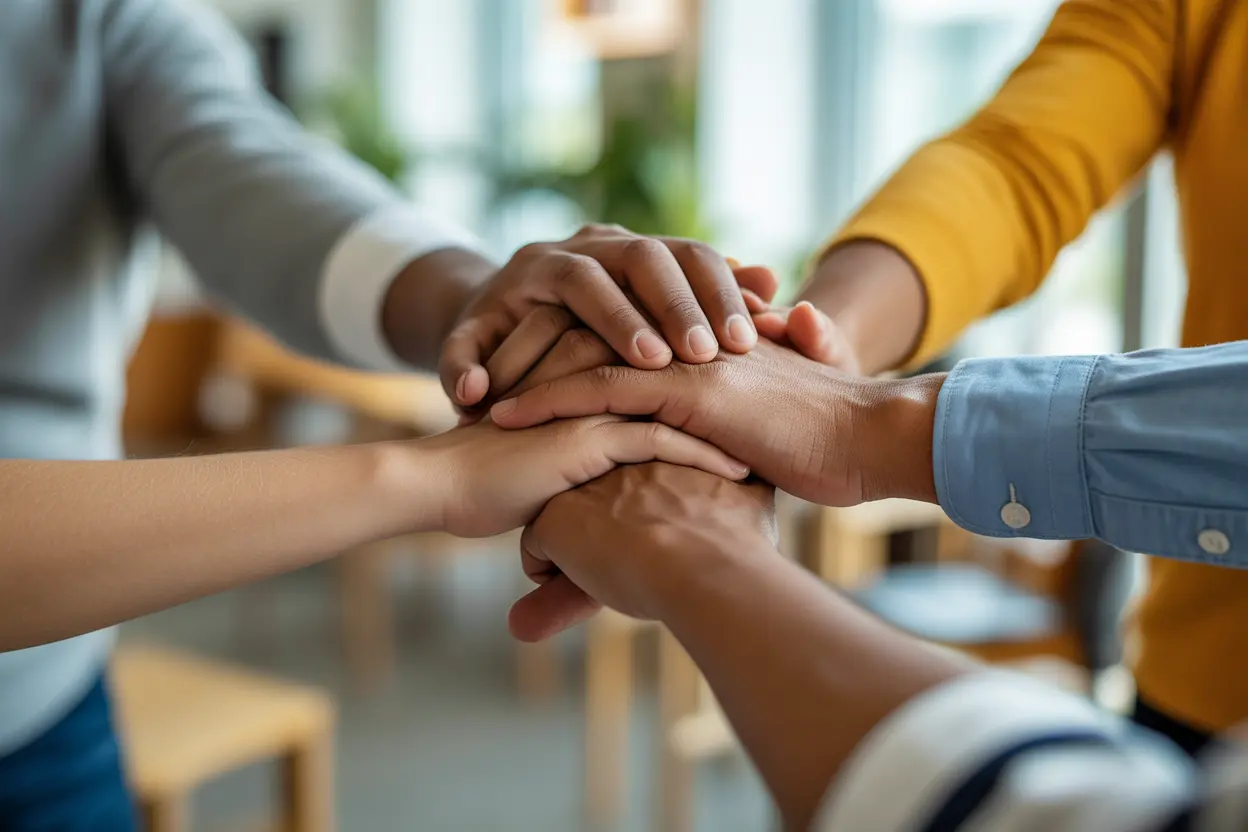 A diverse group of hands clasped together in a circle, symbolizing a strong support network in a bright, welcoming room.