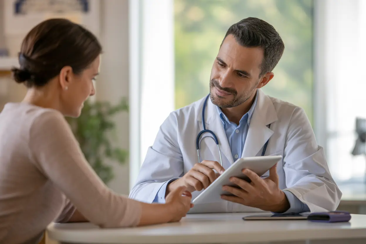 A compassionate doctor discusses a treatment plan with a patient in a comfortable office setting.