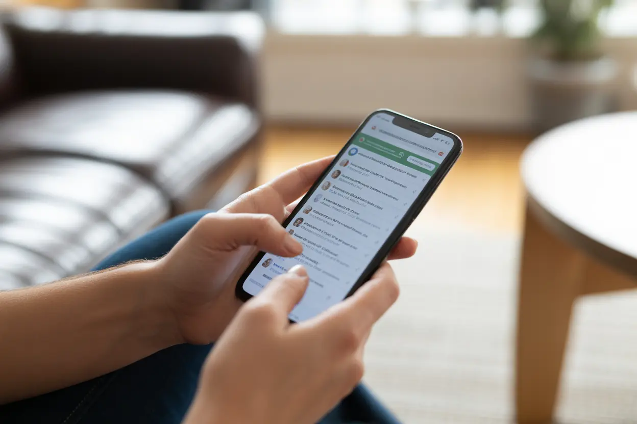 A person uses their smartphone to search an online directory of healthcare providers from their home.