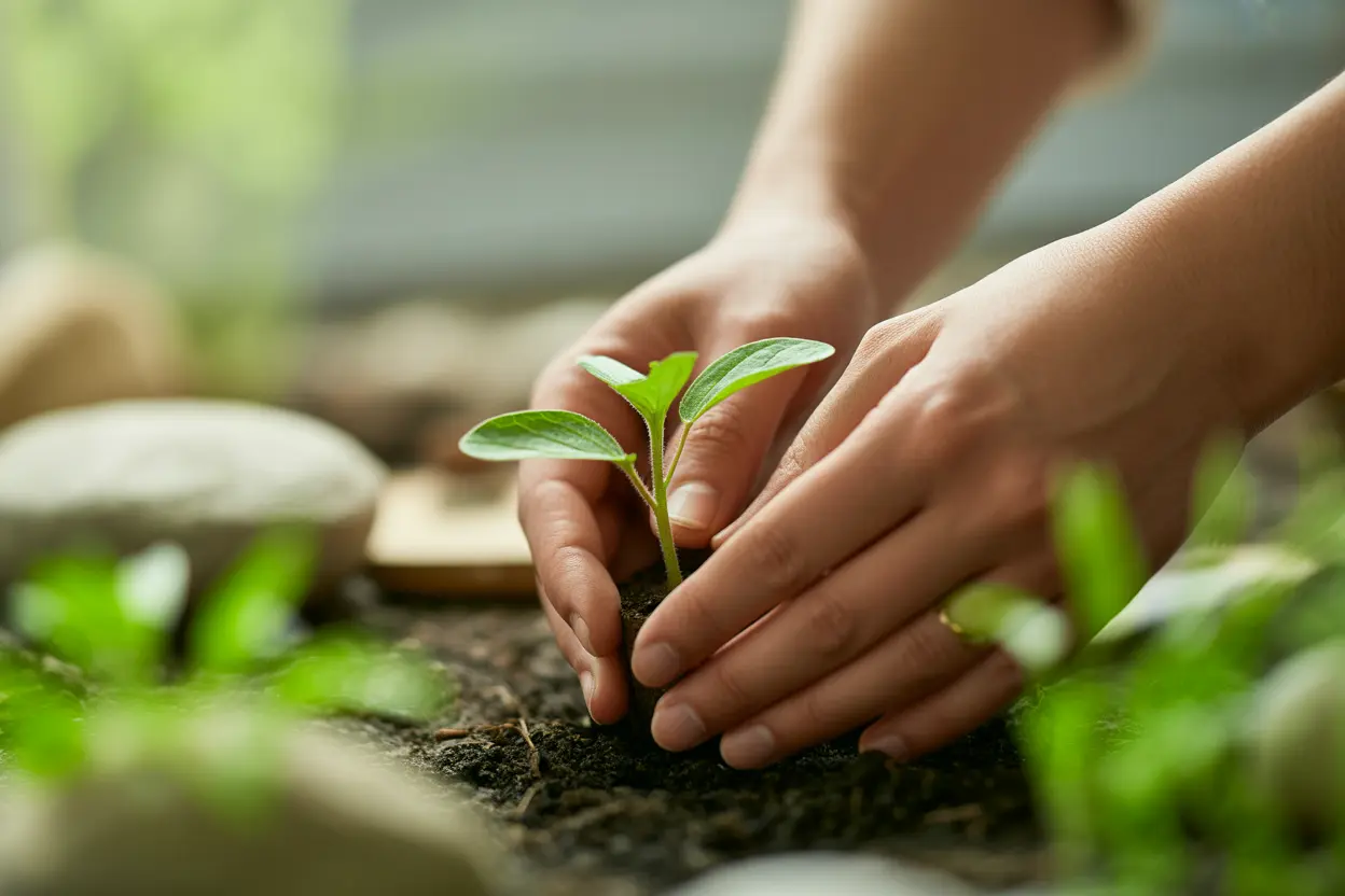 A person's hands tending to a small seedling in a garden, symbolizing growth and recovery.