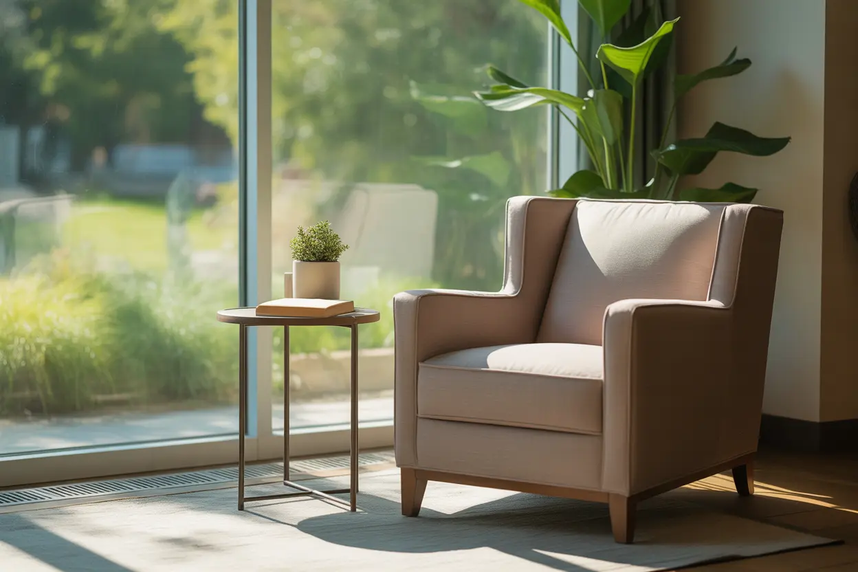 A quiet, sunlit corner in a rehab center with a comfortable chair next to a window overlooking a garden, creating a peaceful atmosphere for reflection.