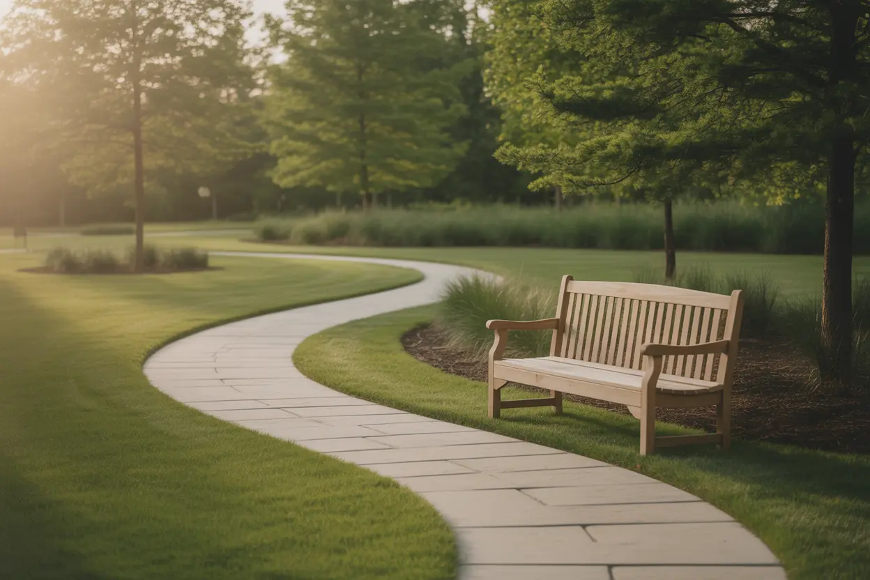 A peaceful walking path with a bench in a landscaped garden at an Indiana rehab, symbolizing a serene place for contemplation.