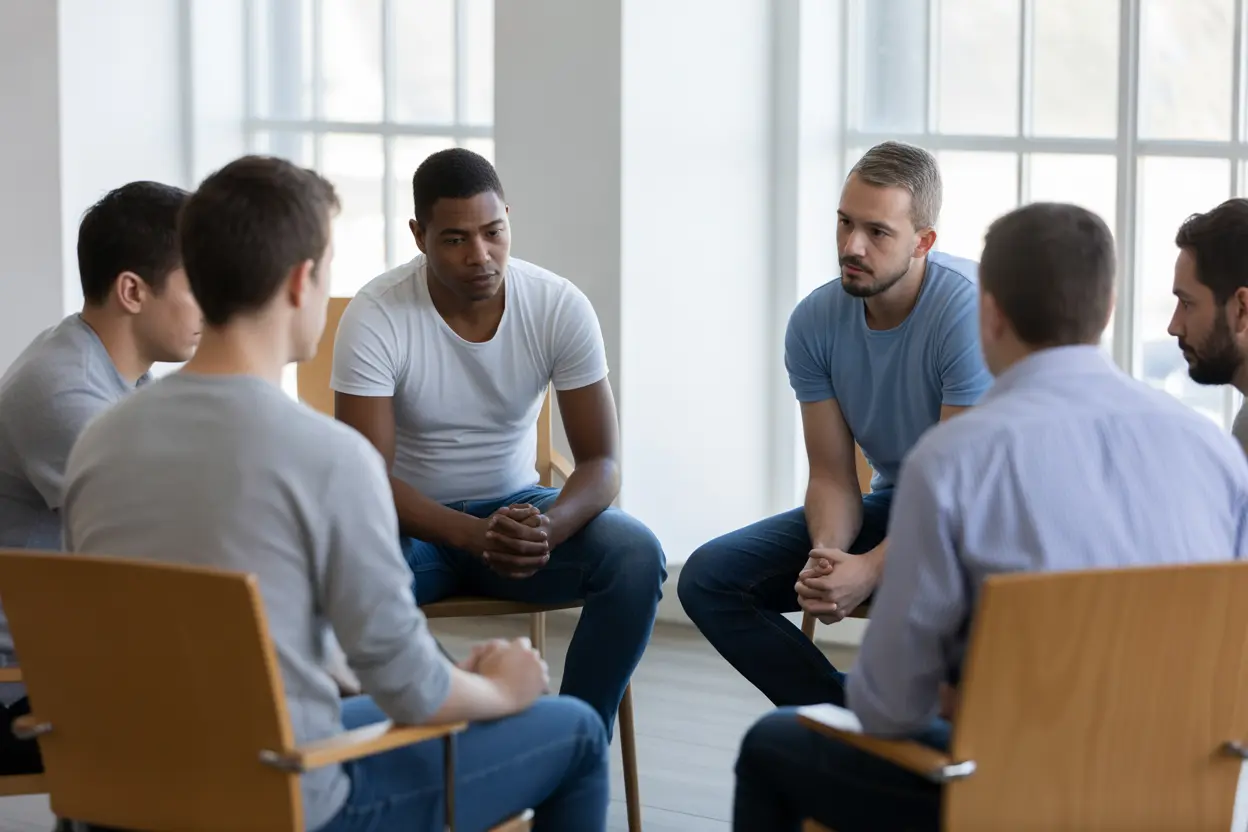 A supportive group therapy session for men in a bright, modern room.