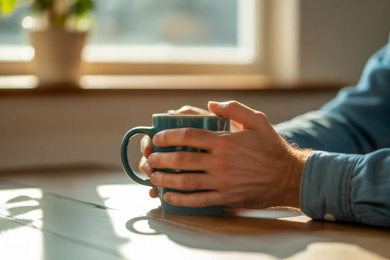 A man's hands holding a coffee mug, symbolizing a peaceful moment in recovery.