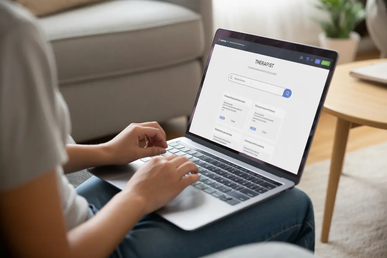 A person in Indiana searching for a mentalization based therapist on a laptop, feeling empowered.