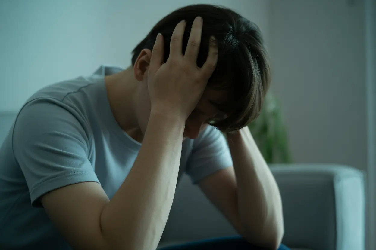 A person in a calm room rests their head in their hands, deep in thought, representing the internal psychological effects of a substance.