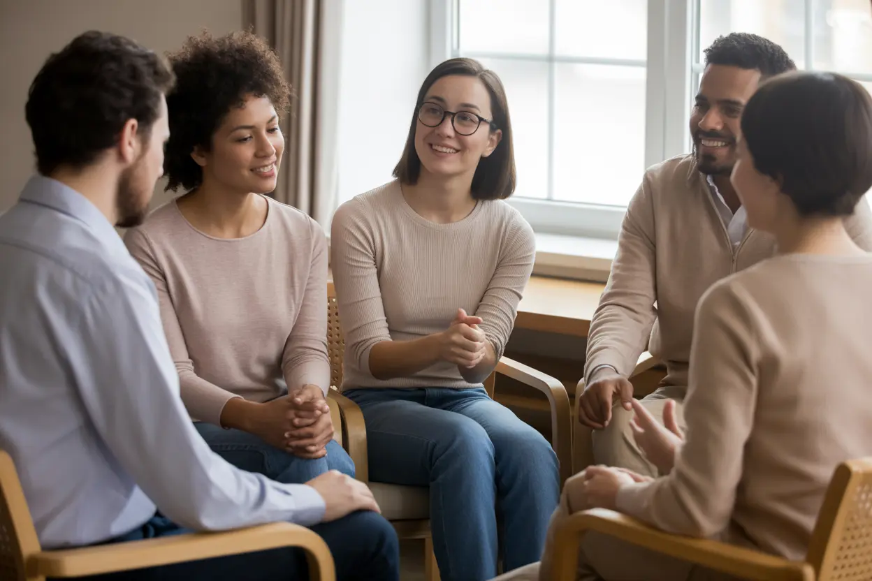 A group of diverse individuals sitting in a circle during a supportive therapy session in a brightly lit room.