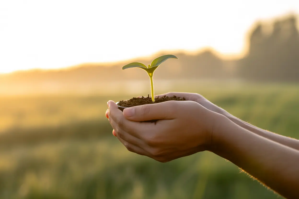 A person's hands gently holding a small plant sprout, with a warm Indiana sunrise in the background symbolizing hope and new beginnings.