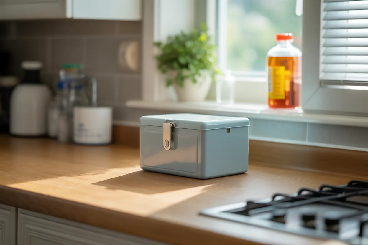 A locked medicine box on a kitchen counter, symbolizing the safe storage of take-home methadone doses.