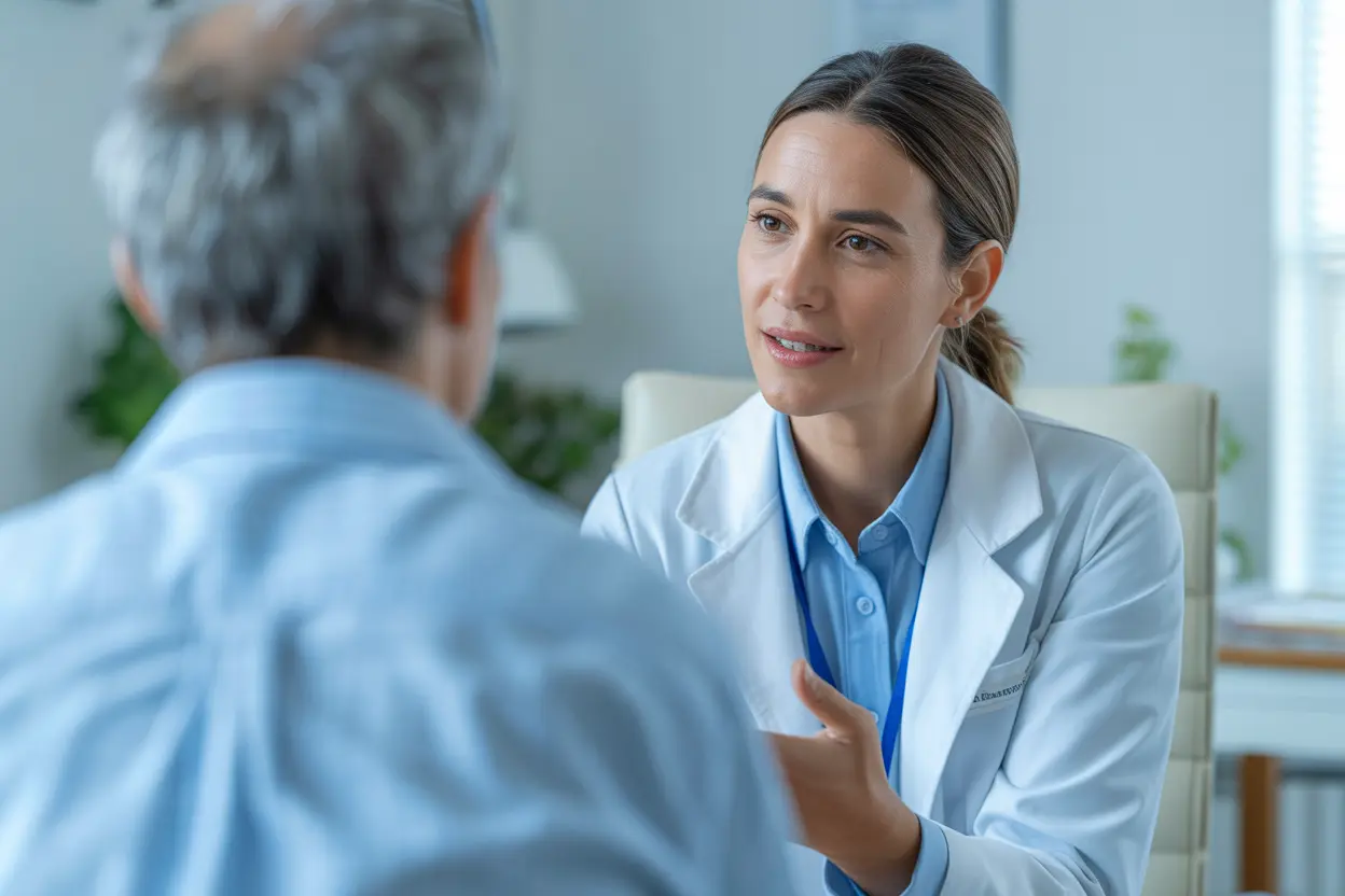A compassionate healthcare provider listening to a patient in a calm, professional office setting.