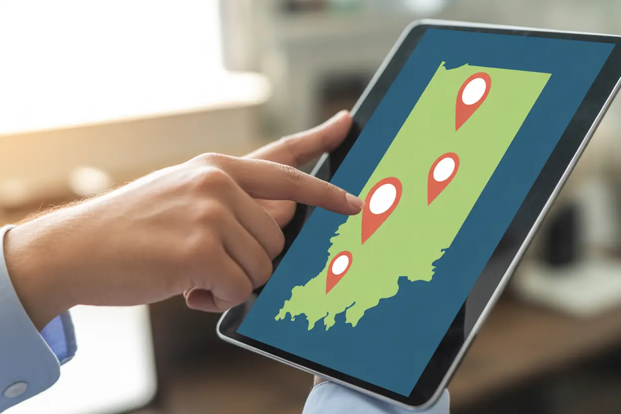 A person's hand holding a tablet displaying a map of Indiana with pins indicating clinic locations.