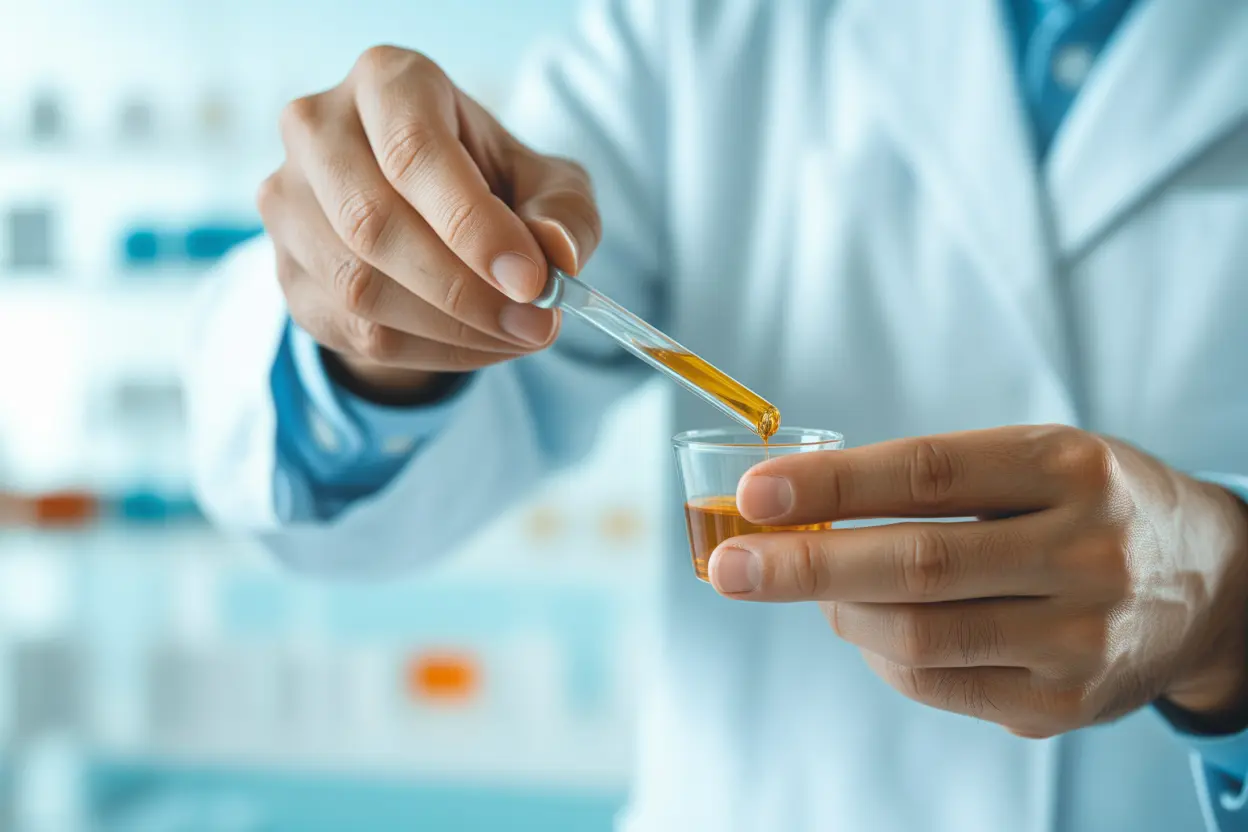 A pharmacist's hands measuring liquid methadone medication in a clinical setting.