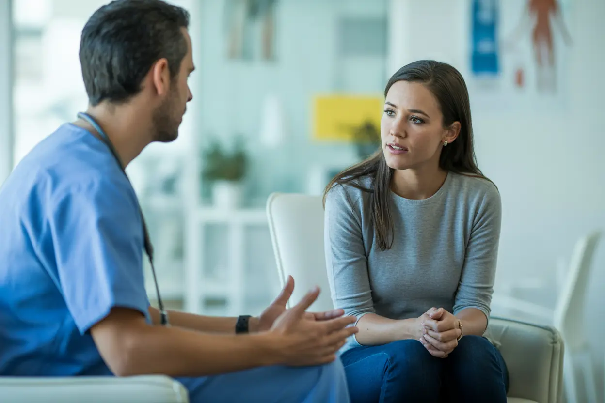 A doctor having a supportive conversation with a patient in a clinic office about treatment options.