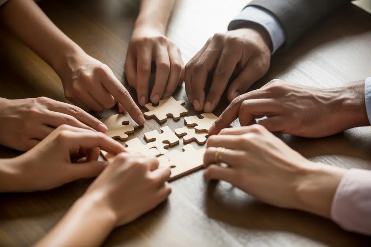 Diverse hands collaborating on a puzzle, symbolizing support and problem-solving in rehab.