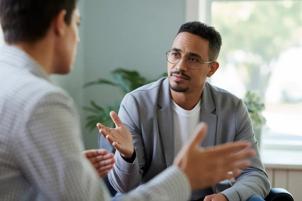 A counselor provides support to a veteran in a calm office setting.