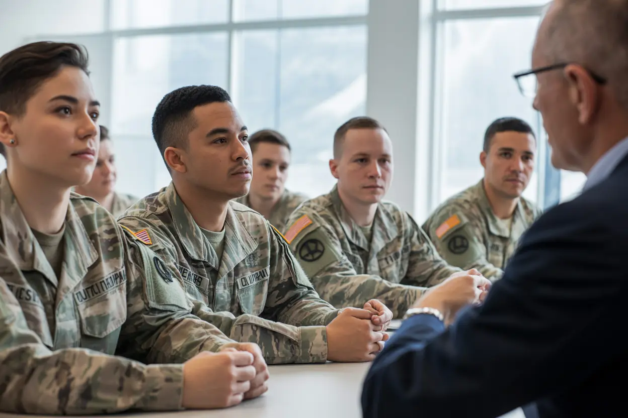 A diverse group of service members in a classroom during a transition assistance program.
