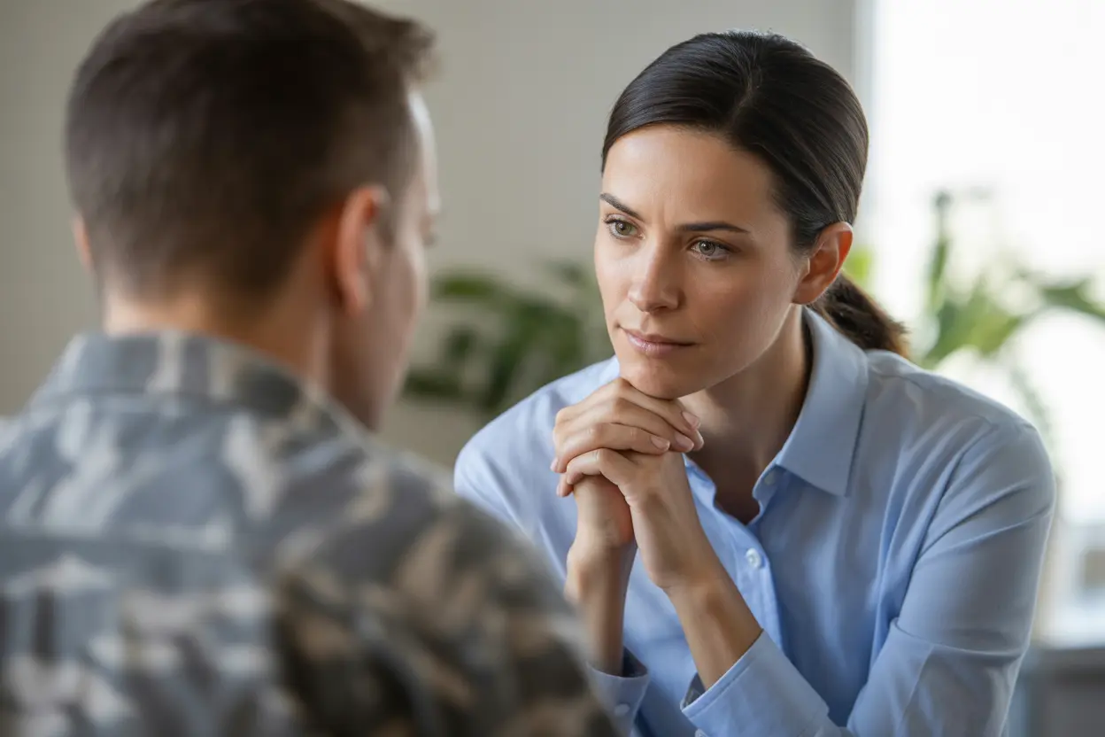 A compassionate therapist listens to a veteran in a sunlit office, conveying trust and hope.