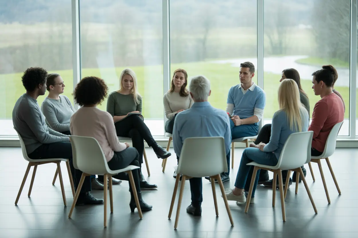 A supportive group therapy session takes place in a comfortable room with a view of the Indiana landscape.