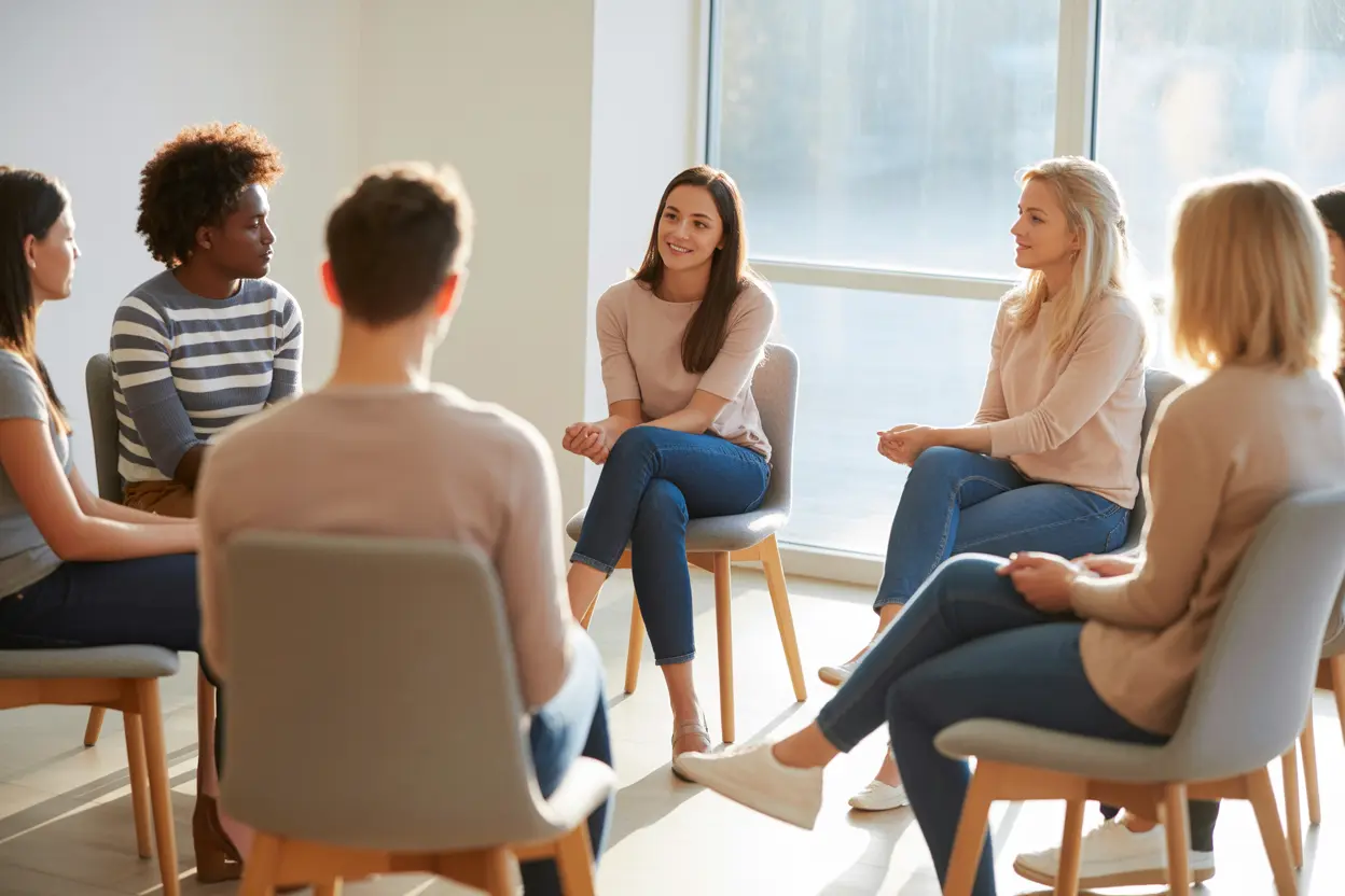 A hopeful and collaborative group therapy session in a bright, sunlit room.