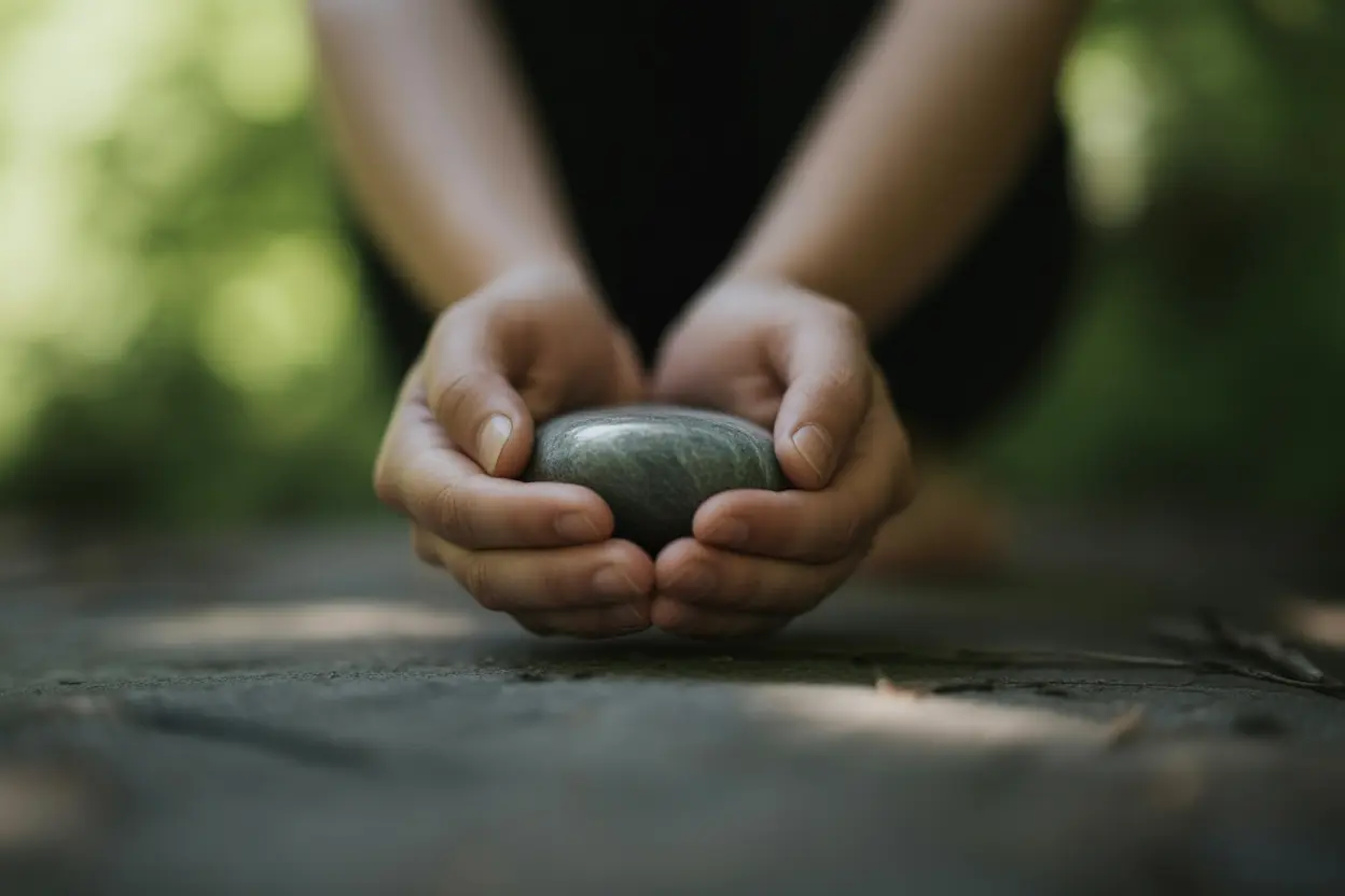 A person's hands gently cupping a small, smooth stone, representing a moment of quiet focus and grounding.