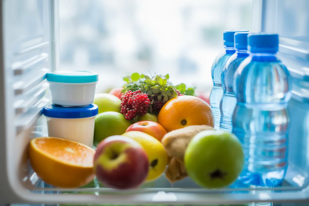 A mini-fridge stocked with healthy snacks like fruit, yogurt, and water, symbolizing personal comfort during recovery.