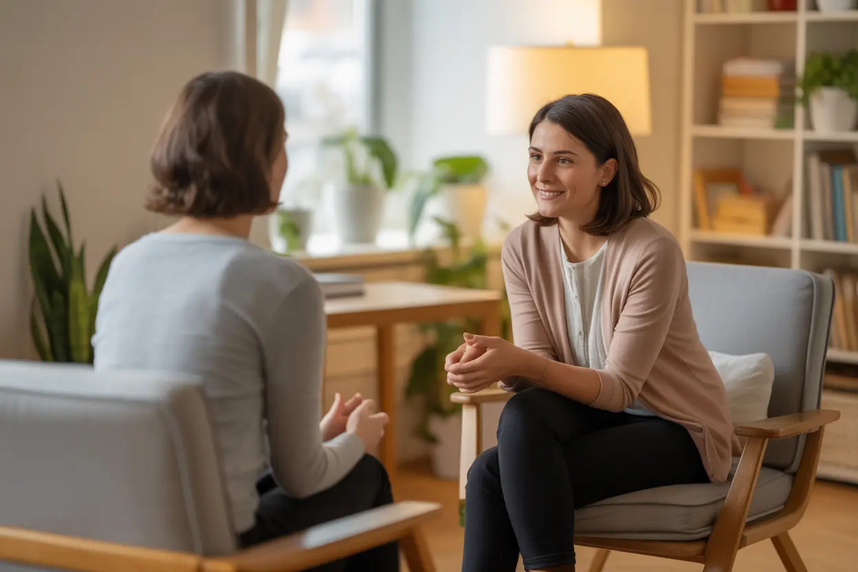 A compassionate therapist listens attentively to a client in a warm, inviting office setting.