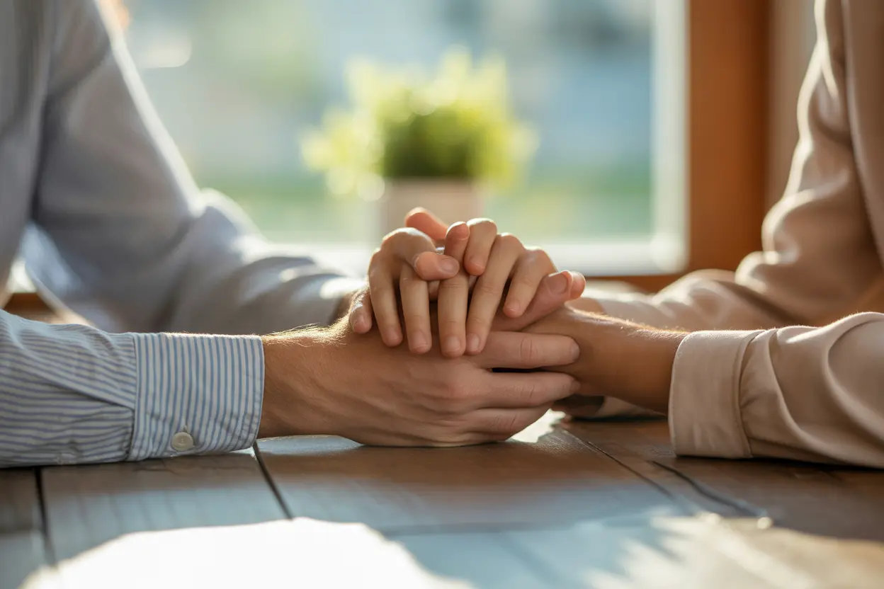 Two hands on a table, one gently placed over the other in a gesture of support and comfort.