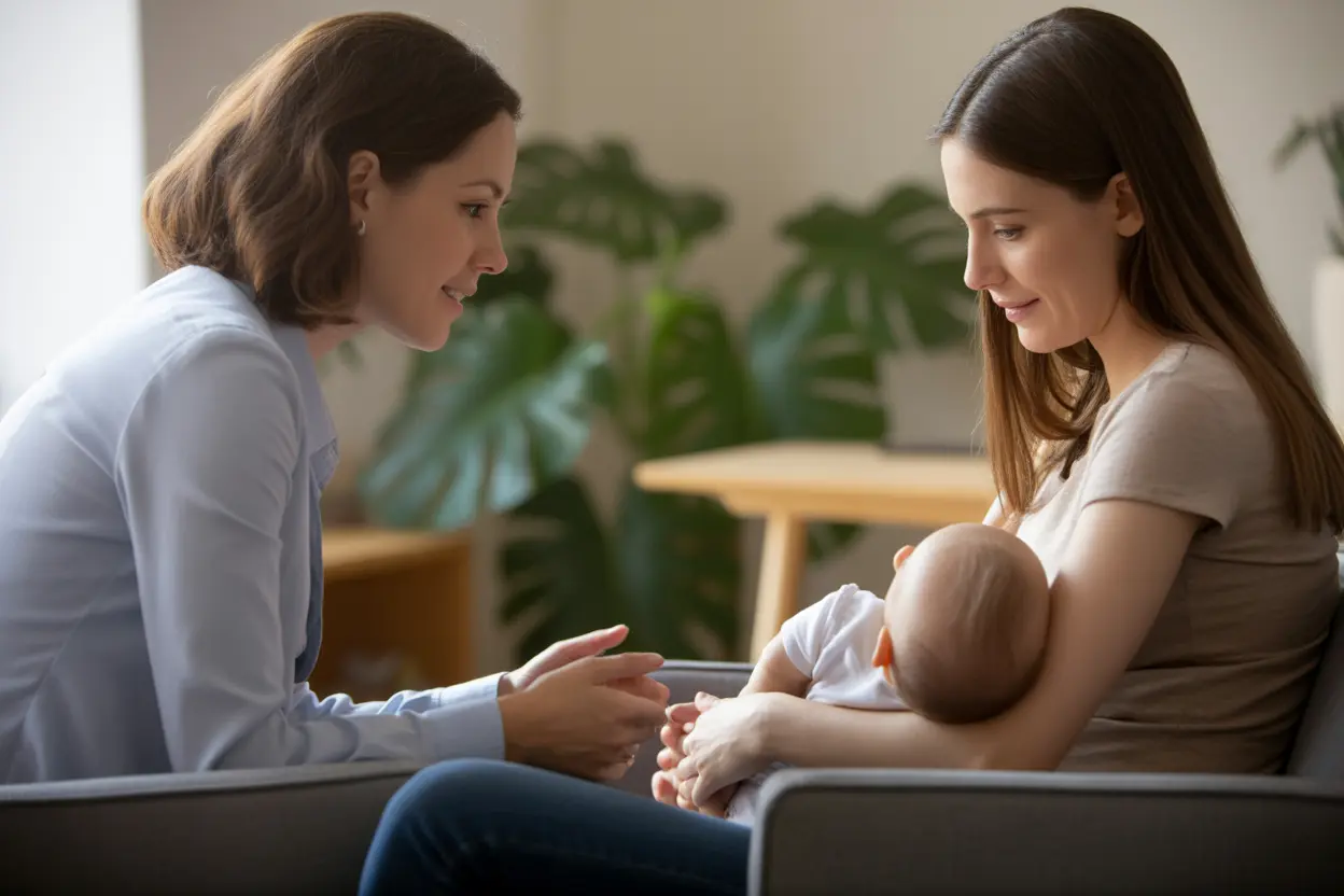 A supportive counselor listens with empathy to a young mother holding her baby in a calm office setting.