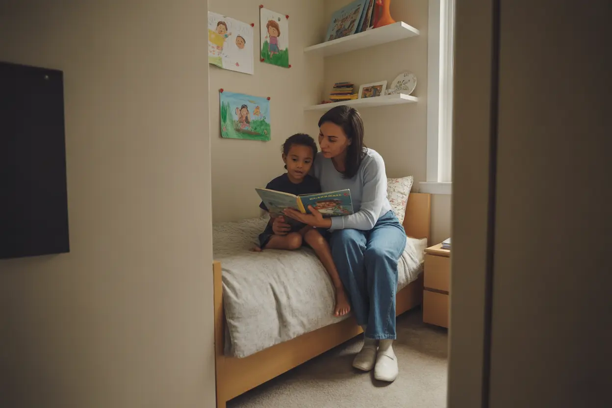 A mother reads a book to her child in a cozy, well-lit room, representing a safe and nurturing environment.