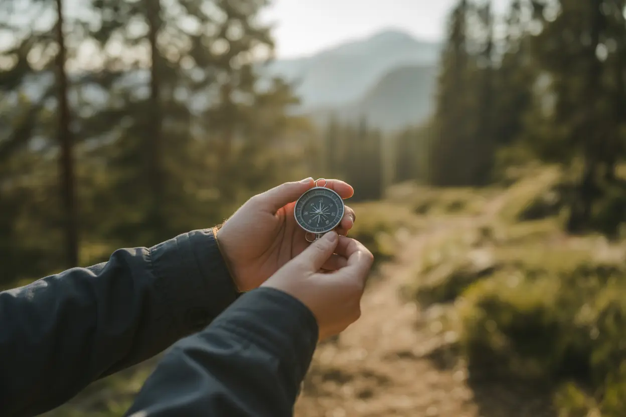 A person's hands holding a compass on a mountain trail, symbolizing finding direction in recovery.