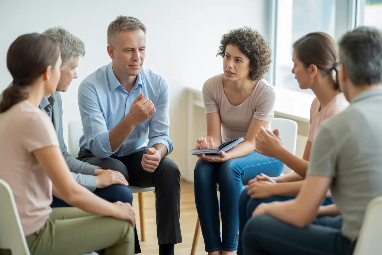 A bright, welcoming room where a therapist is facilitating a discussion among a small, diverse group of families.