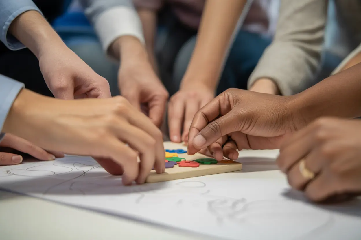 A close-up shot focusing on hands and materials during a group therapy activity, implying teamwork and shared problem-solving without showing faces.