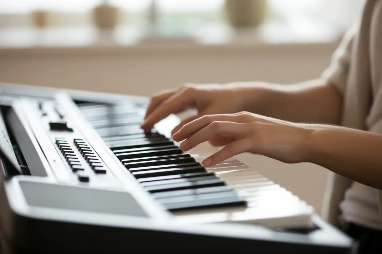 A person's hands playing a keyboard in a calm, well-lit room, representing music therapy in rehab.