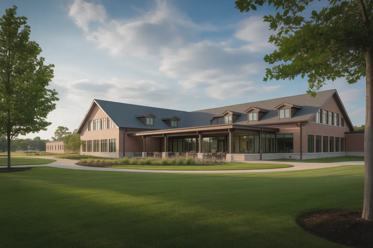 The modern and welcoming exterior of an addiction treatment center in Indiana.