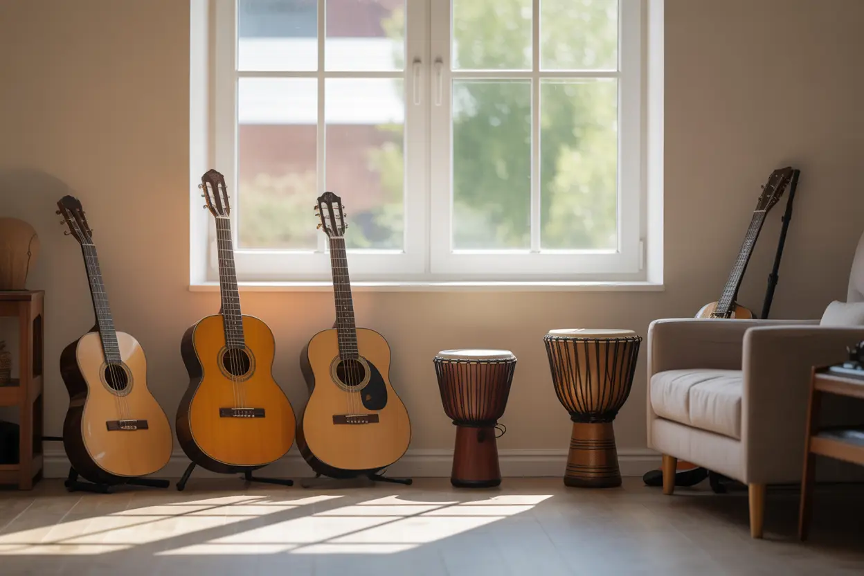 A quiet therapy room with a guitar and a drum, lit by soft natural light, creating a peaceful and welcoming space for music therapy.
