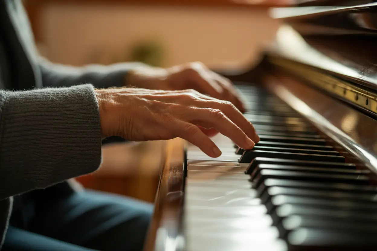 A close-up of an elderly person's hands playing the piano, with warm lighting creating a peaceful and reflective mood.
