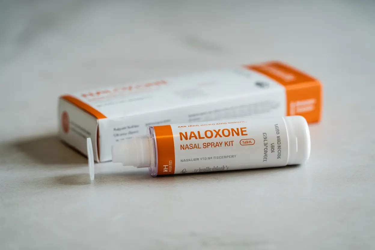 A naloxone nasal spray kit and its packaging on a clean surface.