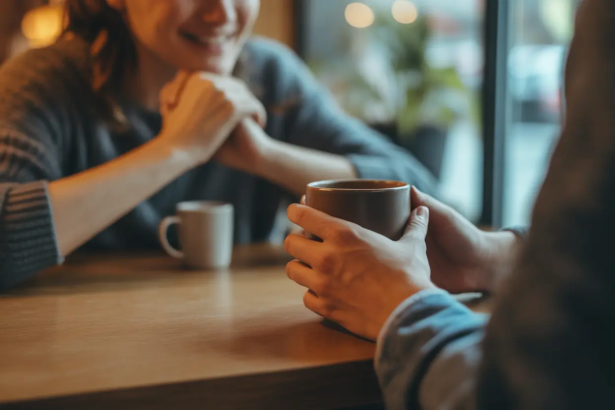 Two friends having a supportive conversation at a cozy coffee shop in Indiana, representing the importance of community and self-care.