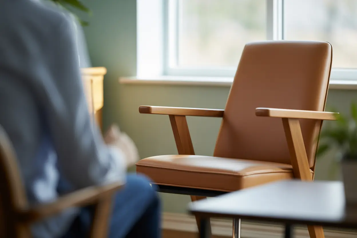 A serene and welcoming therapist's office with an empty chair, suggesting a safe space for a confidential conversation about mental health.