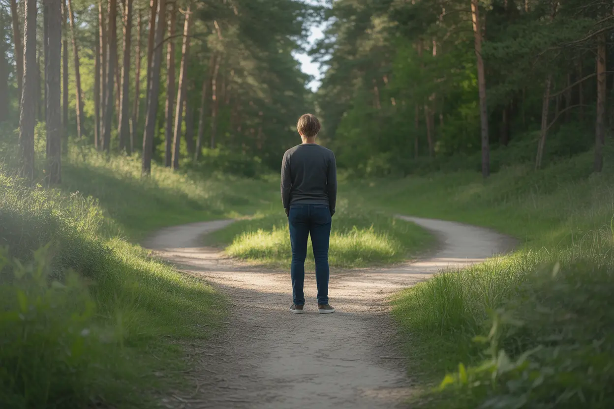 A person looking forward at a crossroads in a sunlit forest, symbolizing making a new choice.