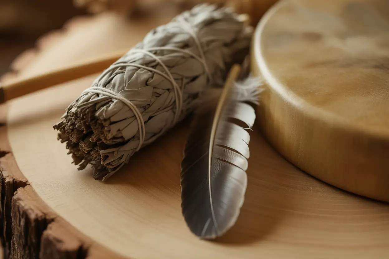 A bundle of sage, a feather, and a handcrafted drum representing traditional healing practices.
