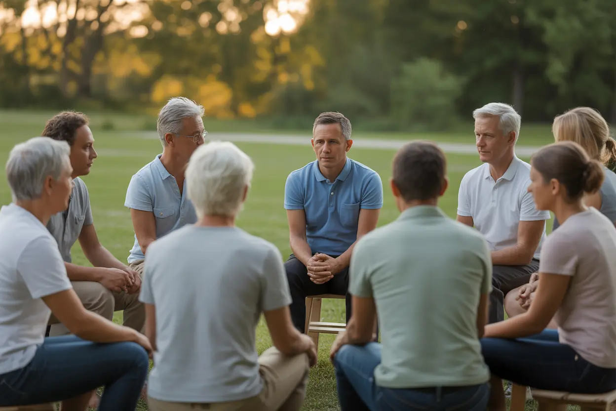 A group of people sitting in a circle outdoors, focusing on connection and listening in a peaceful setting.