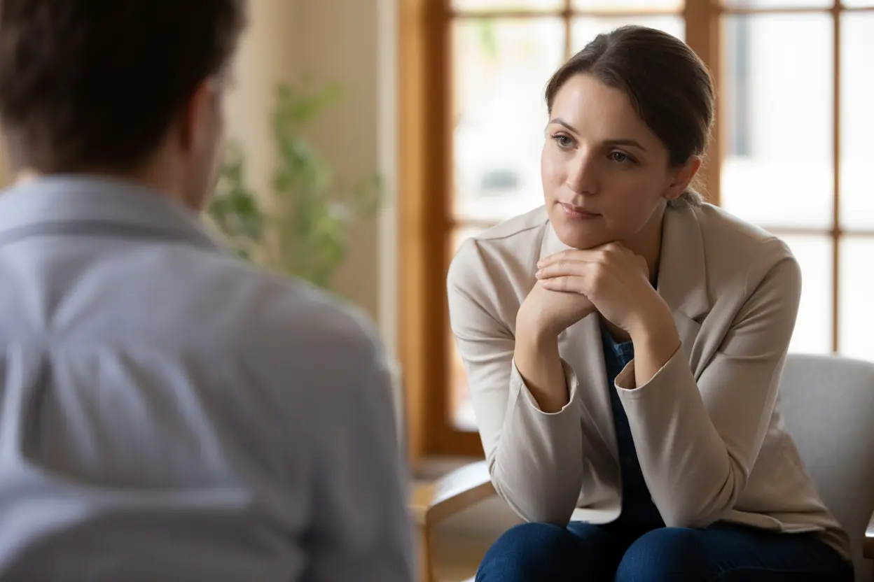 A compassionate mental health professional listens intently, providing a safe space for an individual in Indiana.