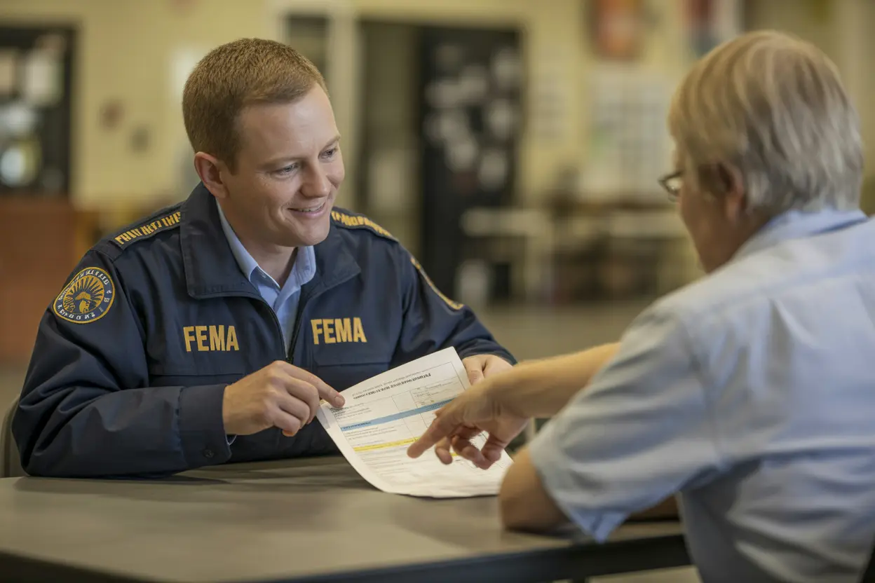 A FEMA representative provides helpful guidance to an Indiana resident at a community assistance center.