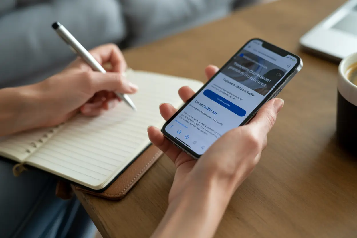 A person researches rehab centers on their smartphone while taking notes in a notebook.