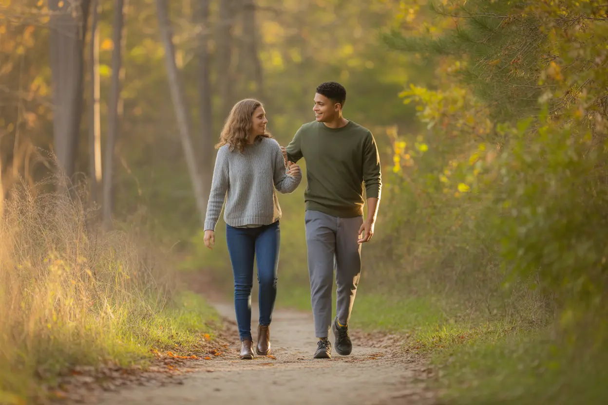 Two people walking and talking supportively on a trail in an Indiana park, symbolizing the path to recovery.
