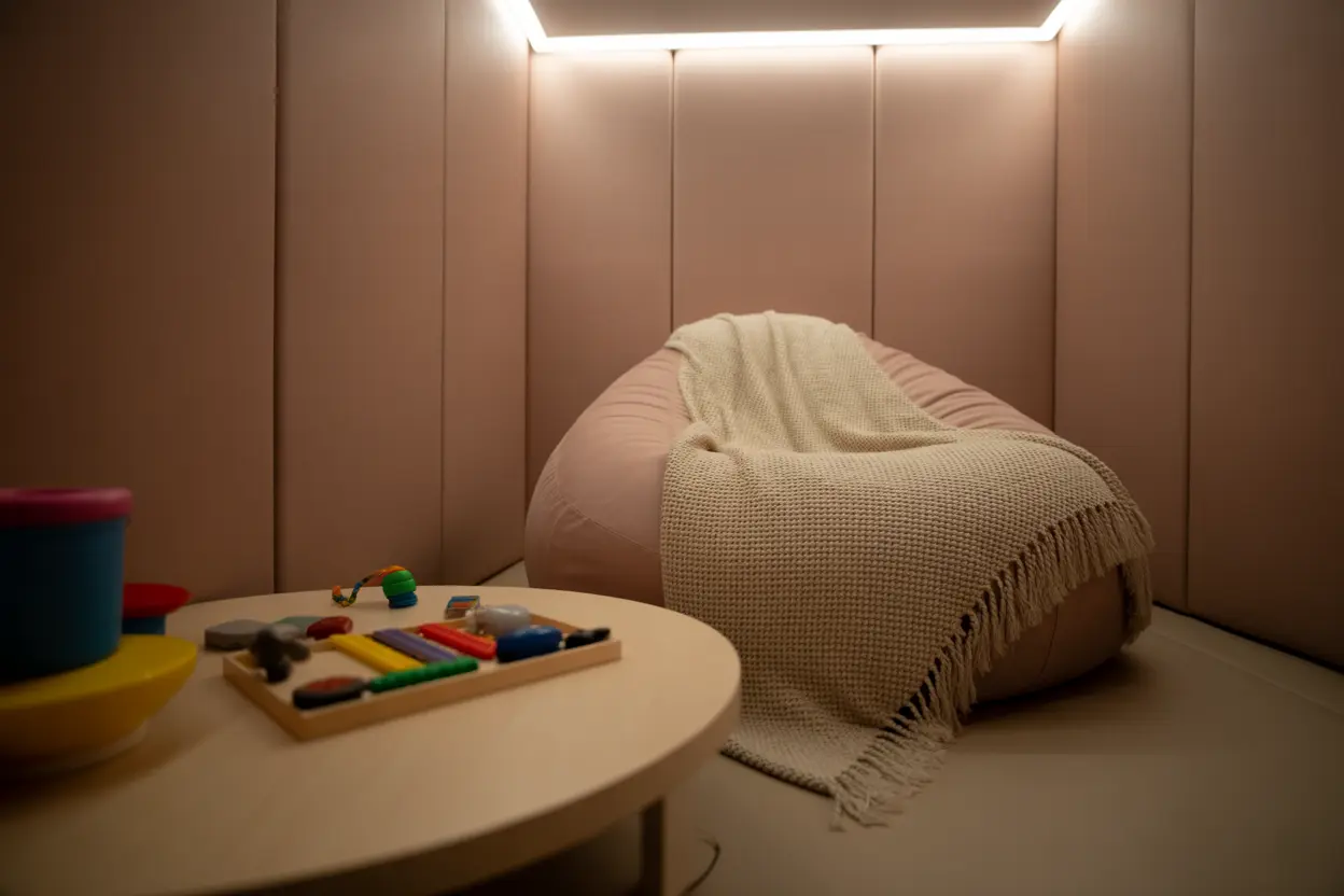 A calm sensory room in a treatment center with soft lighting, a beanbag chair, and fidget toys.