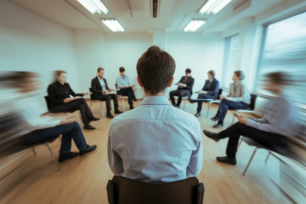 A blurry, first-person view of a busy group therapy session, conveying a sense of sensory overload.